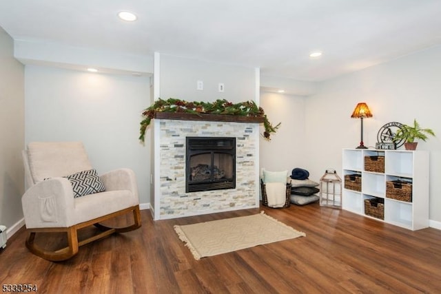 living room featuring a fireplace and dark hardwood / wood-style floors