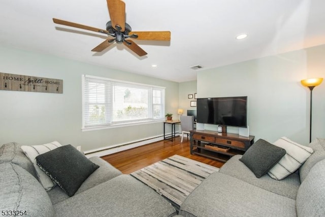 living room featuring hardwood / wood-style flooring, a baseboard radiator, and ceiling fan