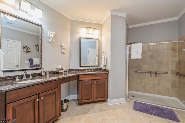 bathroom with walk in shower, vanity, tile patterned floors, and ornamental molding