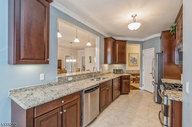 kitchen with stainless steel appliances, crown molding, decorative light fixtures, and sink