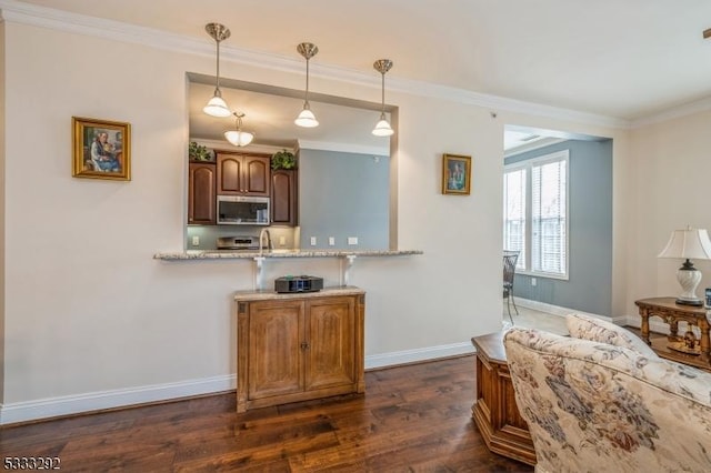 kitchen with decorative light fixtures, crown molding, light stone countertops, appliances with stainless steel finishes, and dark wood-type flooring