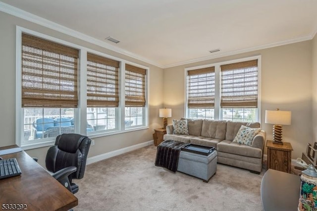 carpeted living room featuring crown molding