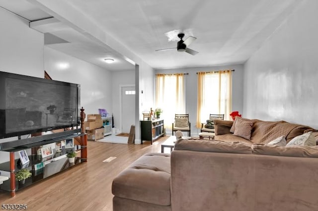 living room featuring ceiling fan and light hardwood / wood-style flooring