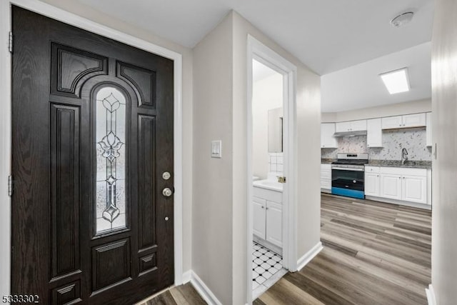 entryway featuring sink and hardwood / wood-style floors