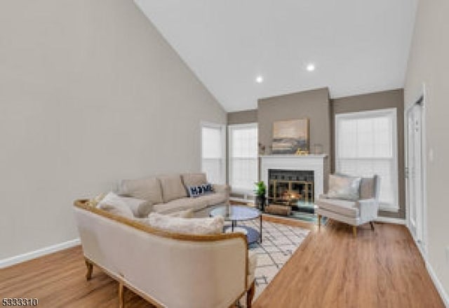 living room with high vaulted ceiling and light wood-type flooring