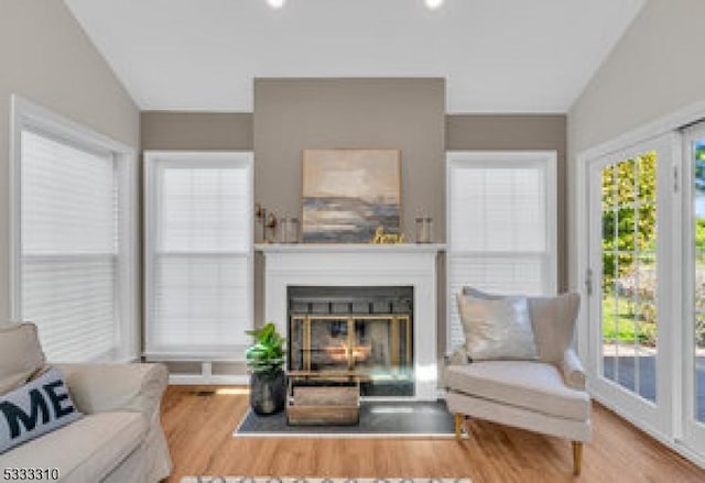 living room featuring a wealth of natural light, hardwood / wood-style floors, and vaulted ceiling