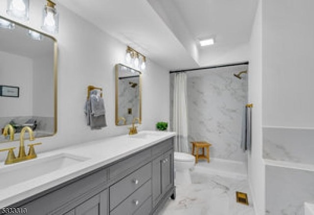 bathroom with toilet, a shower with shower curtain, and vanity