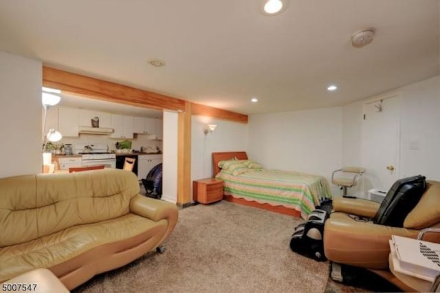 bedroom with light carpet