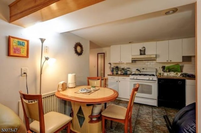 kitchen featuring decorative backsplash, dishwasher, white cabinets, and white gas range