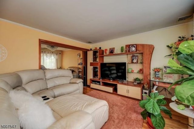 living room with crown molding