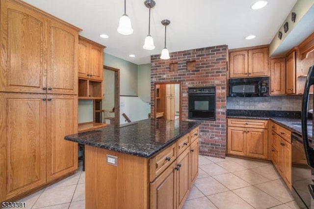 kitchen with black appliances, a kitchen island, decorative light fixtures, dark stone counters, and light tile patterned floors