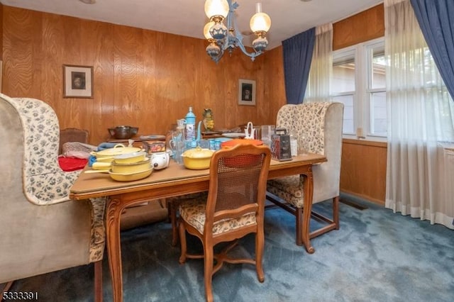 4 Webster Rd, Franklin Twp, NJ 08873 - dining room with a chandelier, carpet flooring, and wood walls