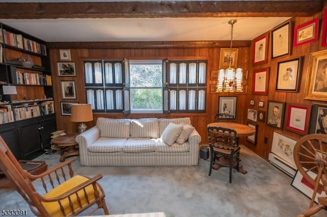 4 Webster Rd, Franklin Twp, NJ 08873 - sitting room with carpet floors, wood walls, beamed ceiling, and baseboard heating