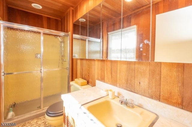 4 Webster Rd, Franklin Twp, NJ 08873 - full bathroom with a sink, toilet, wood walls, a shower stall, and wooden ceiling