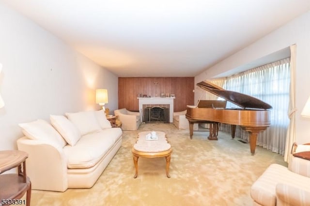 4 Webster Rd, Franklin Twp, NJ 08873 - living room featuring a brick fireplace, carpet flooring, and wooden walls