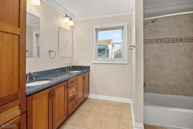 bathroom featuring crown molding, vanity, tiled shower / bath combo, and tile patterned flooring