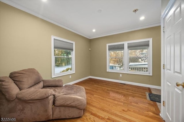 living area featuring light hardwood / wood-style flooring, ornamental molding, and a healthy amount of sunlight