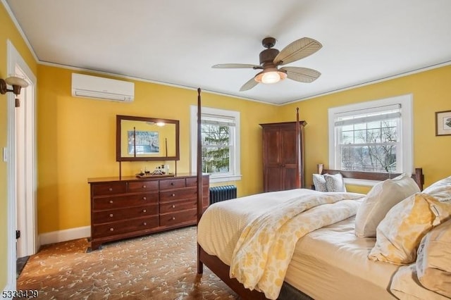 bedroom with multiple windows, a wall mounted air conditioner, radiator heating unit, and ornamental molding