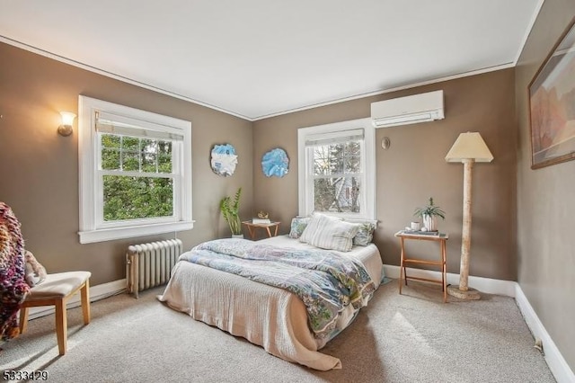 carpeted bedroom featuring crown molding, radiator heating unit, and a wall mounted AC