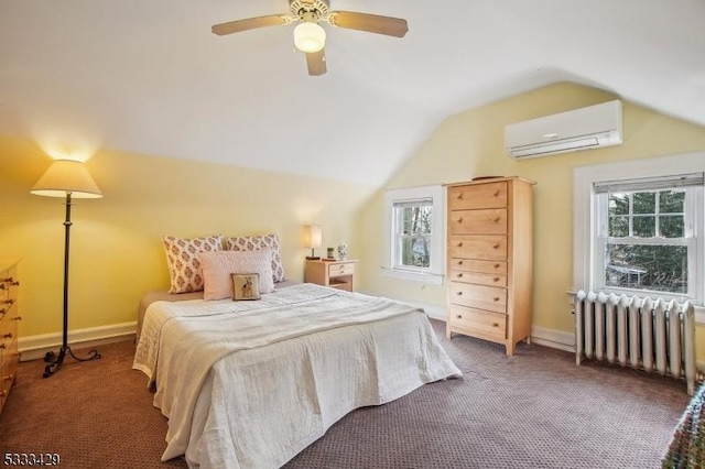 bedroom with lofted ceiling, radiator, multiple windows, and an AC wall unit