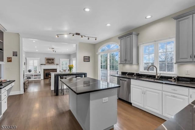 kitchen with dishwasher, hardwood / wood-style floors, a kitchen island, a healthy amount of sunlight, and gray cabinetry