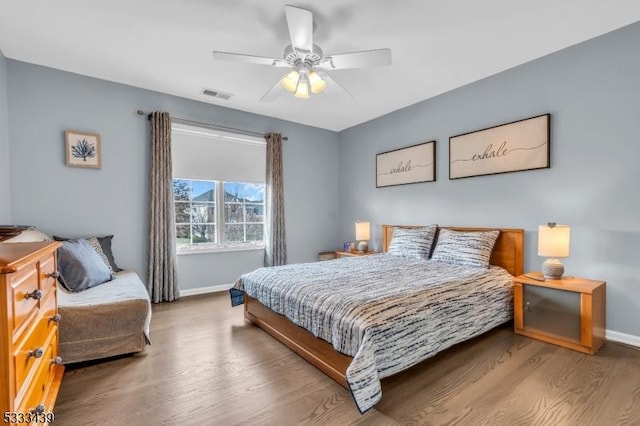 bedroom with ceiling fan and wood-type flooring