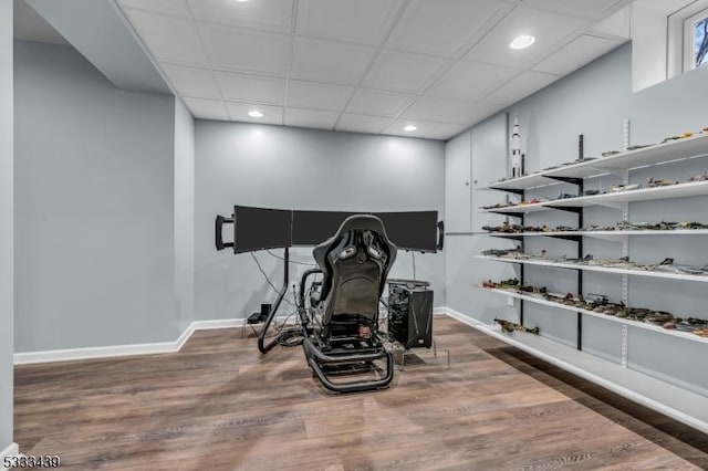 workout room featuring dark hardwood / wood-style flooring