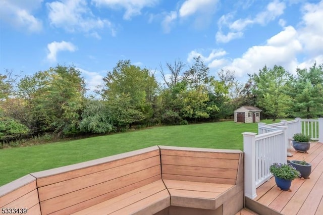 exterior space featuring a storage shed and a lawn