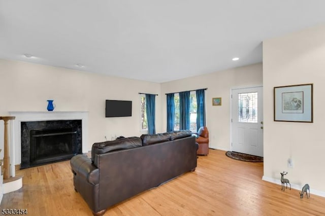 living room featuring a premium fireplace and light hardwood / wood-style flooring