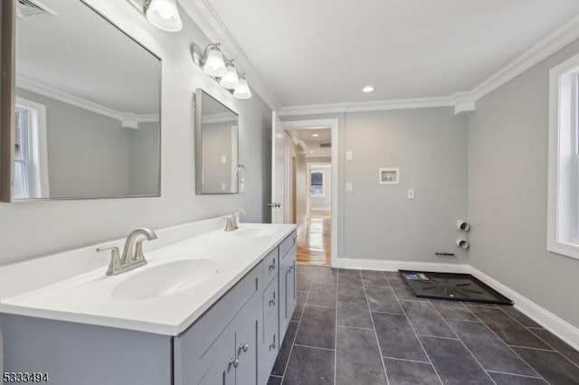 bathroom featuring tile patterned floors, vanity, and ornamental molding