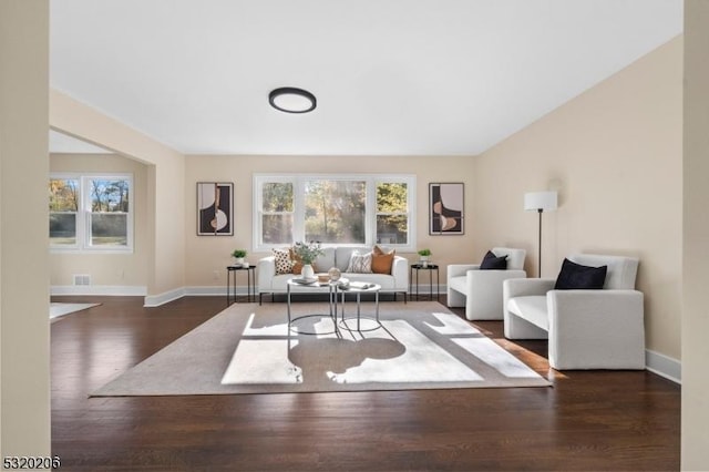 living room with dark hardwood / wood-style floors