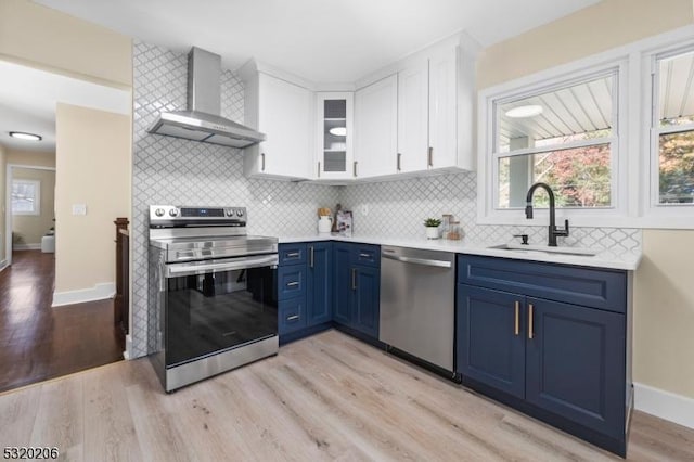 kitchen with white cabinetry, appliances with stainless steel finishes, blue cabinets, wall chimney range hood, and sink