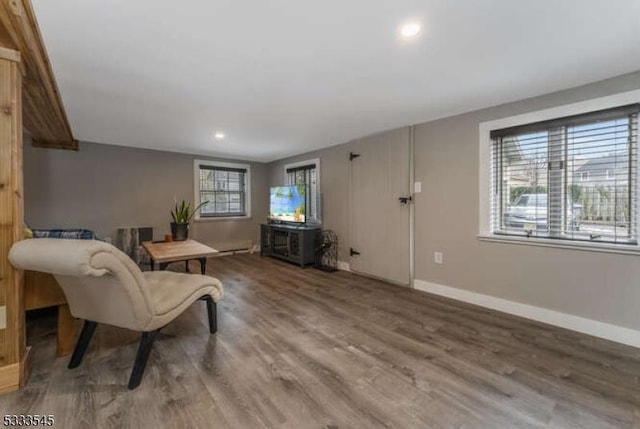 living area with hardwood / wood-style floors