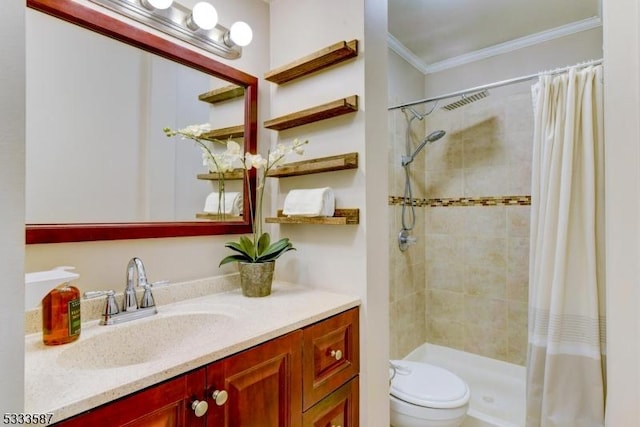 bathroom featuring walk in shower, ornamental molding, toilet, and vanity