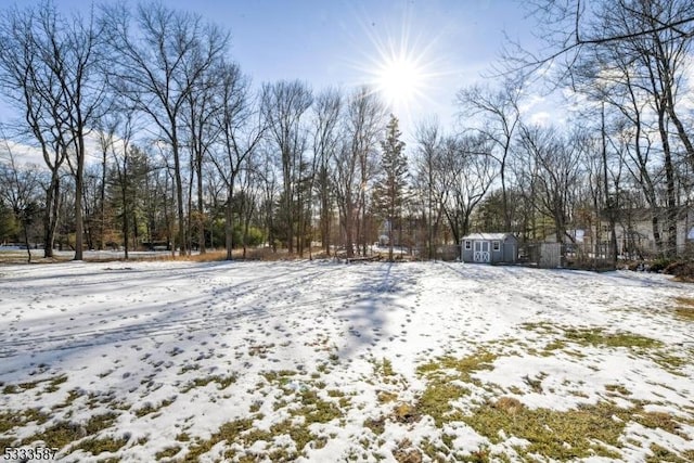 yard layered in snow with a storage unit