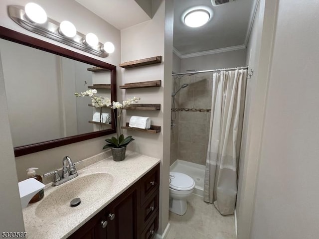 bathroom featuring crown molding, curtained shower, vanity, and toilet