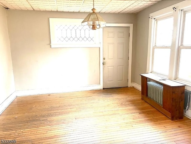 interior space featuring radiator, an inviting chandelier, and light hardwood / wood-style flooring