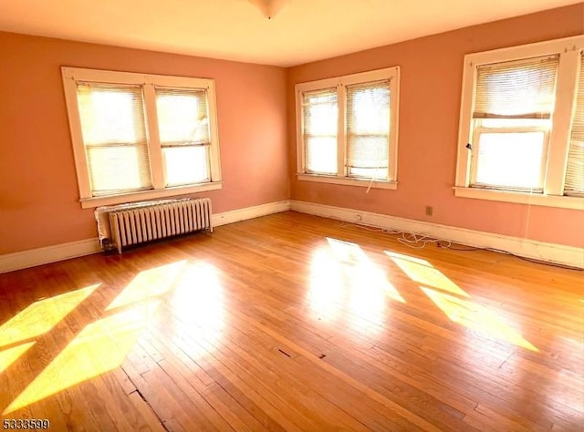 empty room with radiator, plenty of natural light, and light wood-type flooring