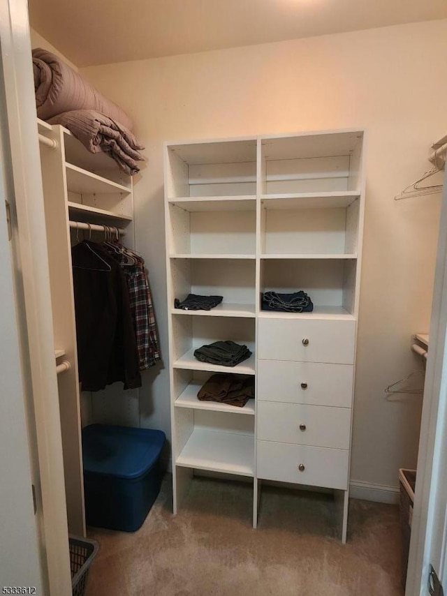 walk in closet featuring dark colored carpet