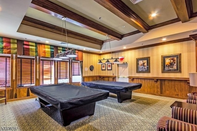 recreation room featuring pool table, ornamental molding, and carpet flooring