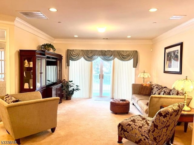 carpeted living room with crown molding