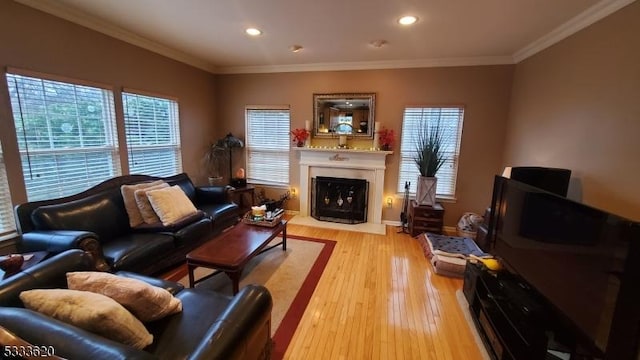 living room with ornamental molding and light hardwood / wood-style floors