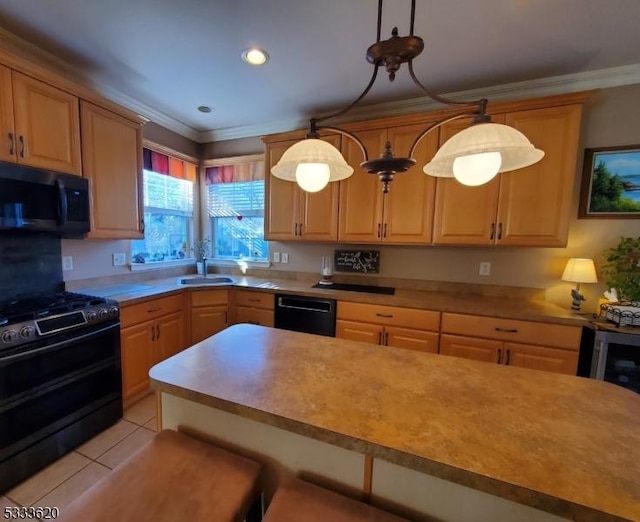 kitchen with black appliances, sink, crown molding, hanging light fixtures, and light tile patterned floors