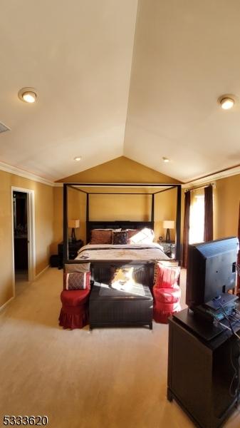 bedroom featuring vaulted ceiling and ornamental molding