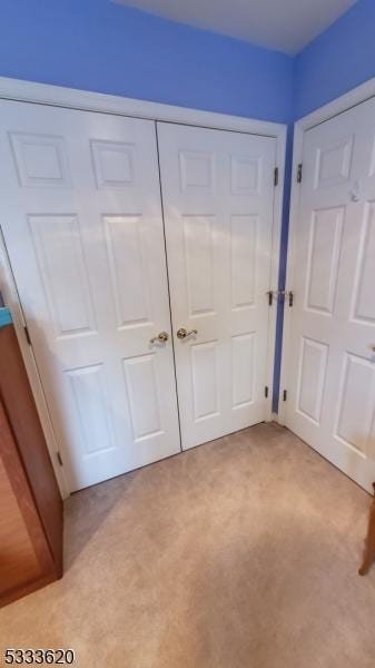 unfurnished bedroom featuring light carpet and a closet