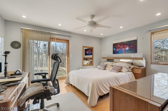 bedroom with access to exterior, recessed lighting, light wood-type flooring, and a ceiling fan