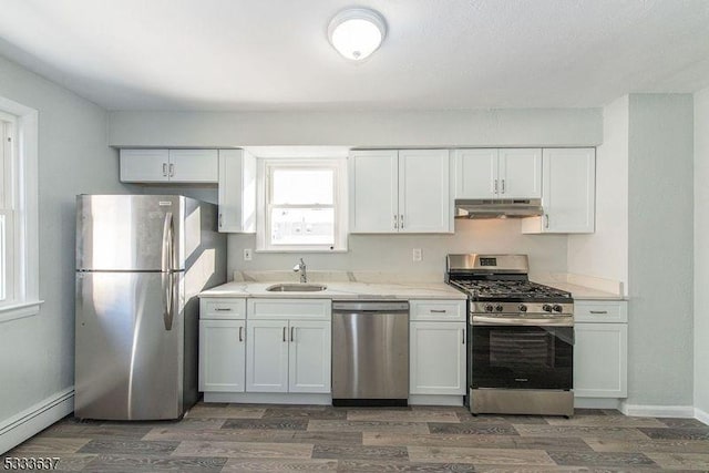 kitchen featuring a baseboard radiator, white cabinetry, dark hardwood / wood-style flooring, and stainless steel appliances