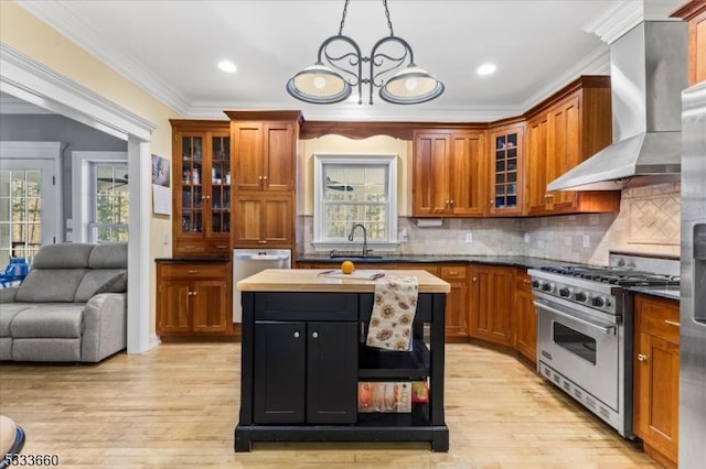 kitchen with sink, appliances with stainless steel finishes, ornamental molding, wall chimney exhaust hood, and light wood-type flooring