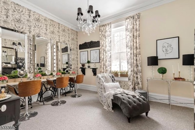 sitting room with a notable chandelier, crown molding, and carpet flooring