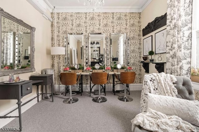 interior space featuring ornamental molding and carpet flooring